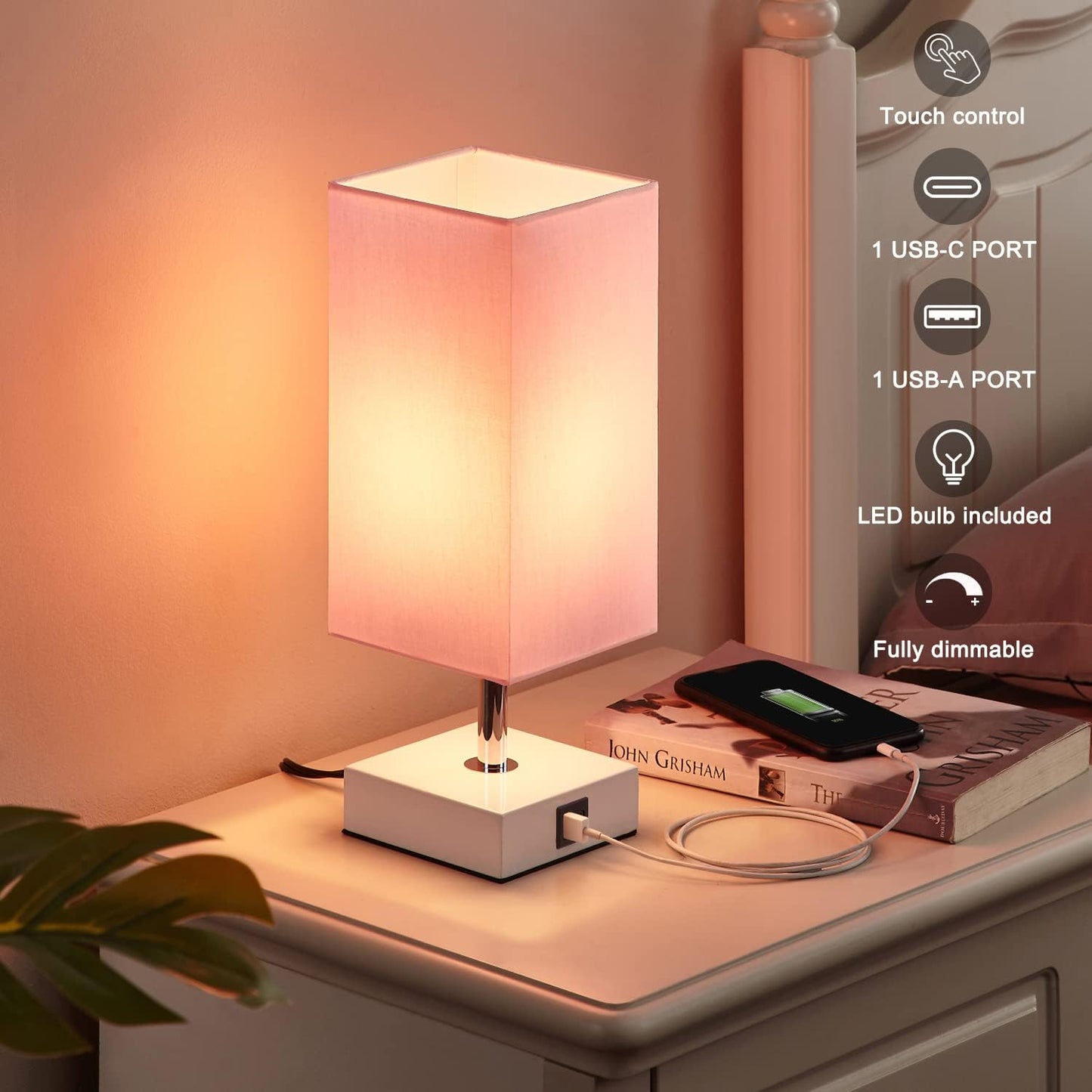 Pink Touch Table Lamp for Bedroom - Dimmable, USB C+A, Girls Bedside Lamp | 3-Way Dimmable, 3000K LED Bulb Included, Square Pink Shade White Base, Cute Room Decor for Teen Girls, Kids, Nightstand, Desk