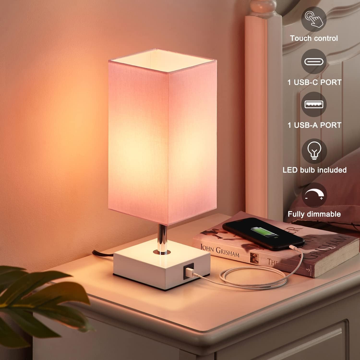 Pink Touch Table Lamp for Bedroom - Dimmable, USB C+A, Girls Bedside Lamp | 3-Way Dimmable, 3000K LED Bulb Included, Square Pink Shade White Base, Cute Room Decor for Teen Girls, Kids, Nightstand, Desk