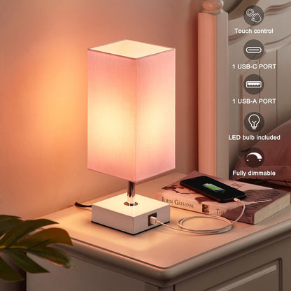 Pink Touch Table Lamp for Bedroom - Dimmable, USB C+A, Girls Bedside Lamp | 3-Way Dimmable, 3000K LED Bulb Included, Square Pink Shade White Base, Cute Room Decor for Teen Girls, Kids, Nightstand, Desk