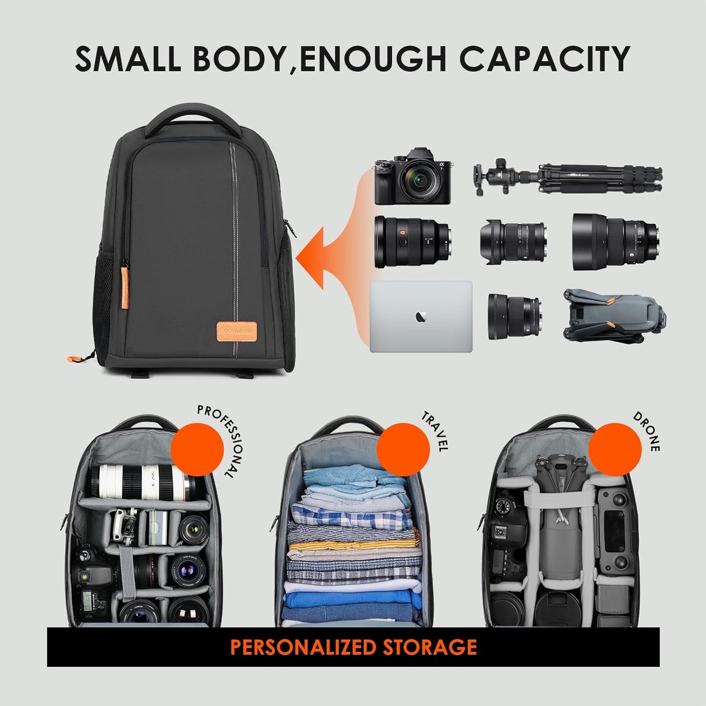 Camera Backpack for Photographers Compact 15L, TB04 Black | 15 Inch Laptop Compartment, Side Access Quick Draw, Anti-Theft Hidden Pocket, Tripod Holder, Rain Cover, Travel-Friendly