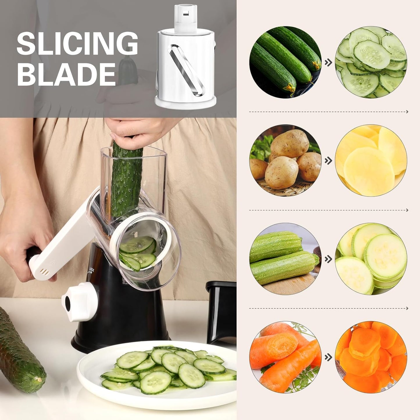 Rotary Cheese Grater Hand Crank Cheese Shredder, Black | for Fresh Cheese, Vegetable, Nuts,Non-Slip Suction Base, Three Blades