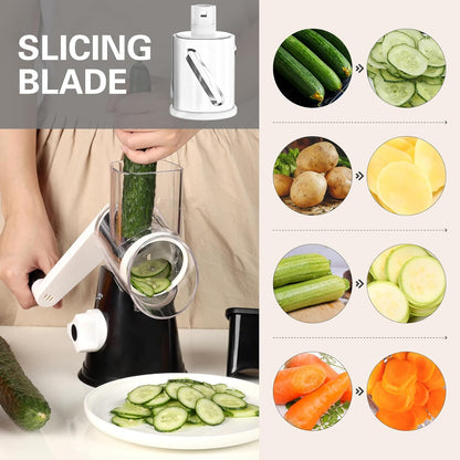 Rotary Cheese Grater Hand Crank Cheese Shredder, Black | for Fresh Cheese, Vegetable, Nuts,Non-Slip Suction Base, Three Blades
