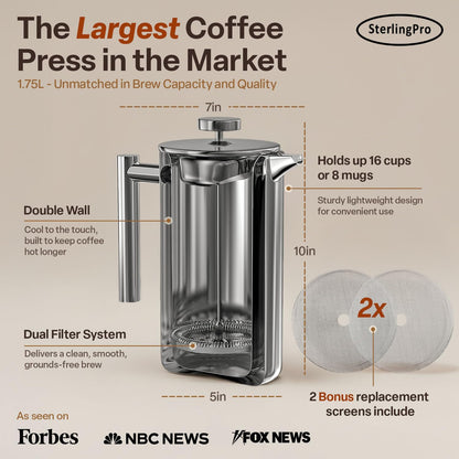 Extra Large Insulated Stainless Steel French Press Coffee Maker 59Oz – Insulated Metal XL Double Wall Coffee Maker | Plastic Free | Cool-Touch | Mirror Finish | Makes up to 16 Cups /8 Mugs