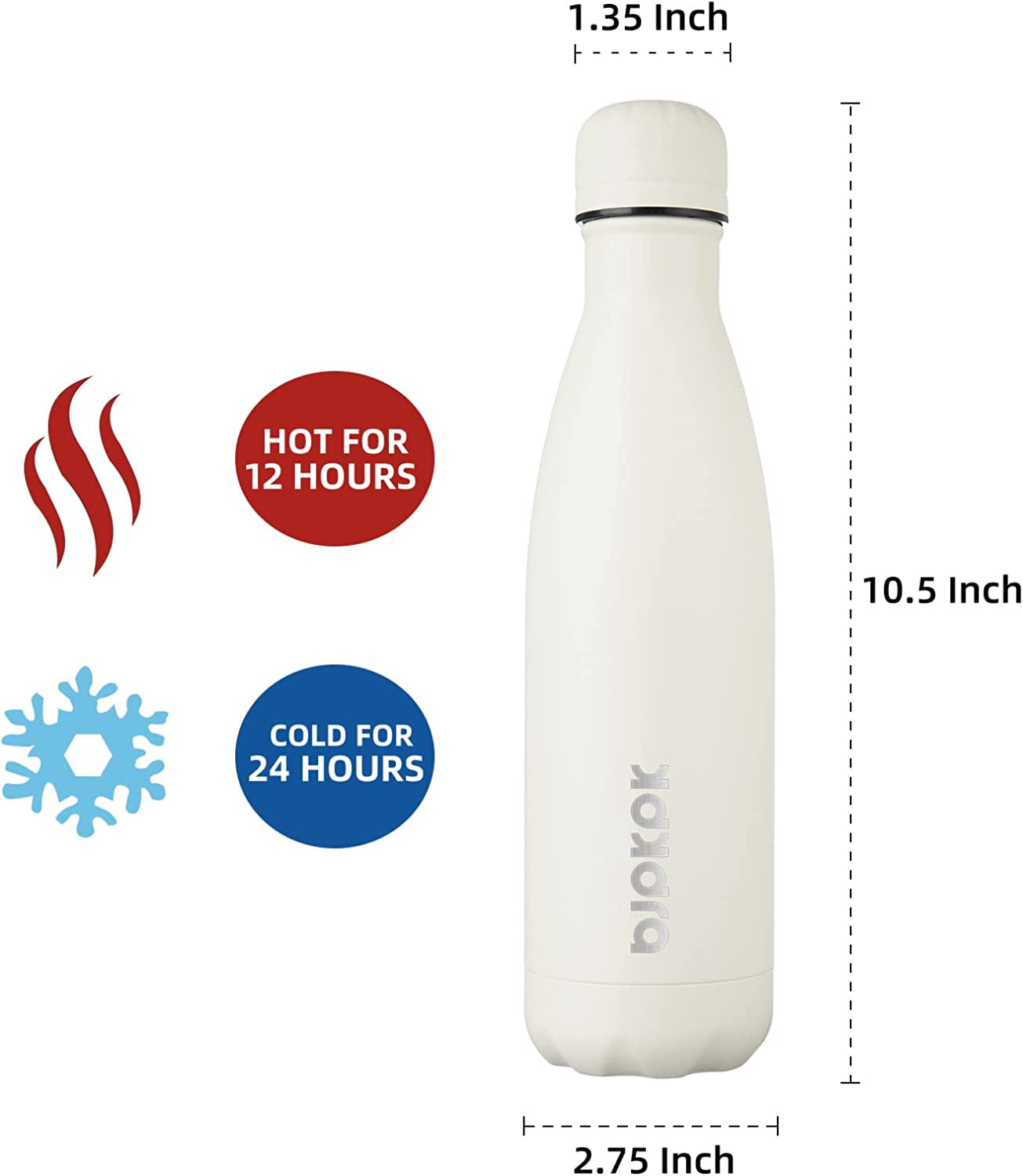17 Oz Insulated Water Bottle, Stainless Steel Flask, Leak Proof | Double Wall Vacuum, BPA Free, Keeps Hot/Cold, Spill Proof, Sports & Travel, Sweatproof, Angle White