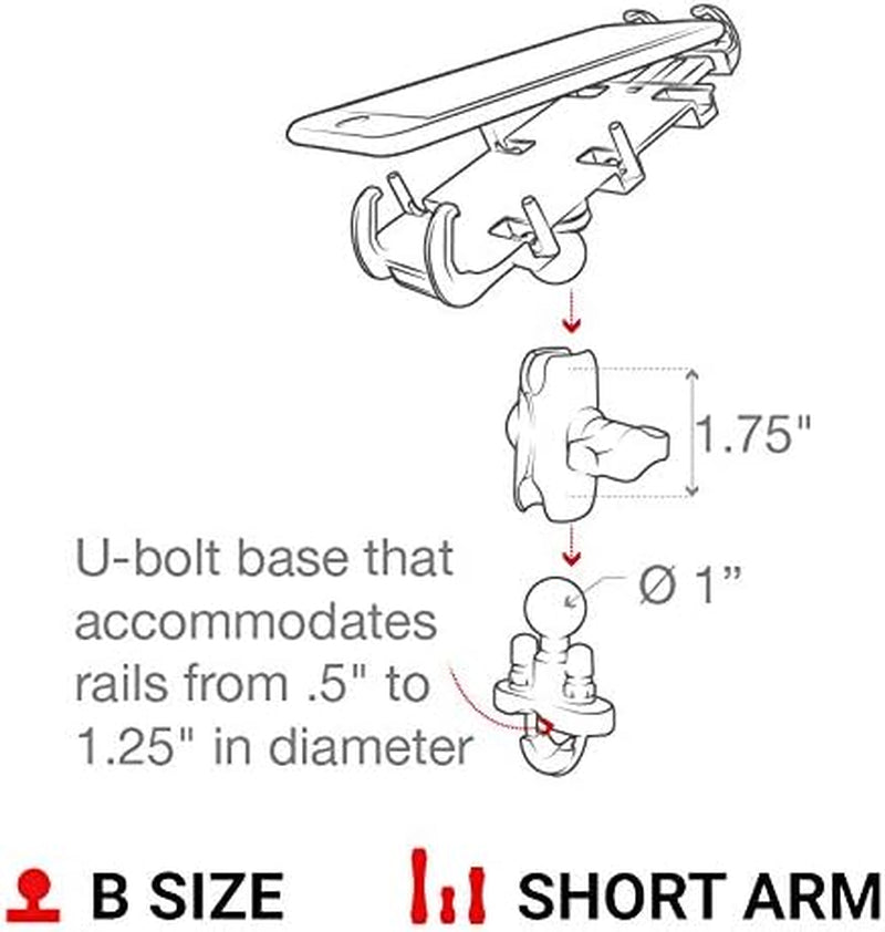 Quick-Grip XL Phone Mount with Handlebar U-Bolt Base | B Size 1" Ball with Short Arm, Fits Motorcycles, Atvs, Utvs and Bikes, for Large Smartphones