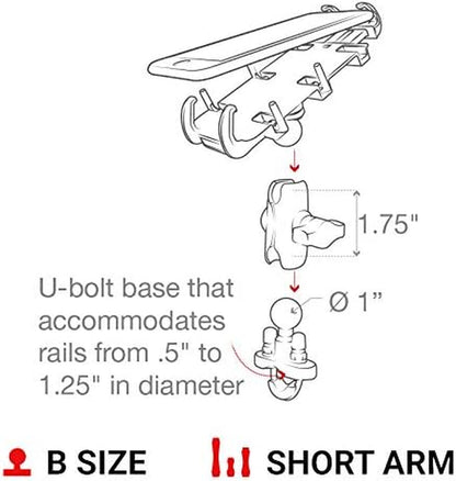 Quick-Grip XL Phone Mount with Handlebar U-Bolt Base | B Size 1" Ball with Short Arm, Fits Motorcycles, Atvs, Utvs and Bikes, for Large Smartphones