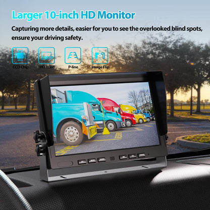 10" HD 1080P Wired Backup Camera with 10" Dual Split Screen Monitor | IP69 Waterproof Rear View Camera Loop Recording Parking Lines Night Vision Easy Install for Truck/Trailer/Rv/Tractor - DY101