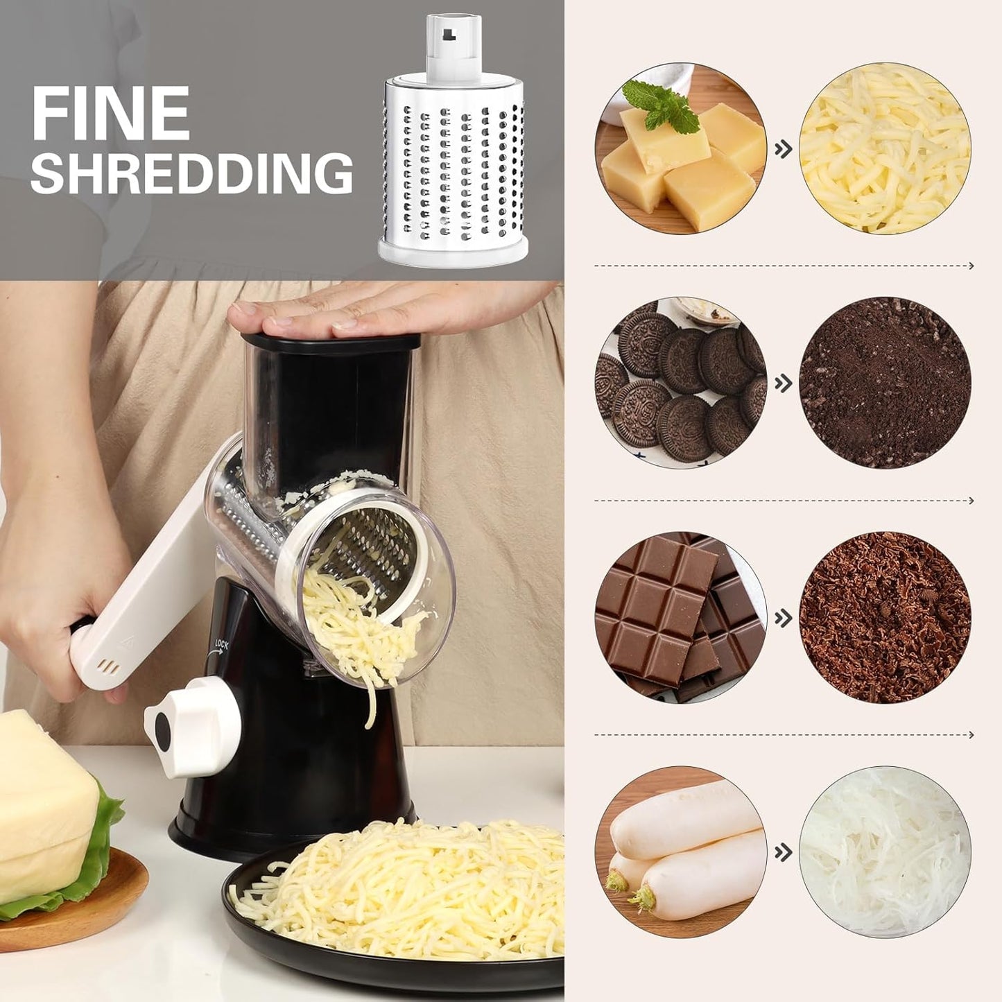 Rotary Cheese Grater Hand Crank Cheese Shredder, Black | for Fresh Cheese, Vegetable, Nuts,Non-Slip Suction Base, Three Blades