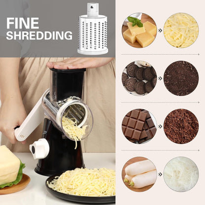 Rotary Cheese Grater Hand Crank Cheese Shredder, Black | for Fresh Cheese, Vegetable, Nuts,Non-Slip Suction Base, Three Blades