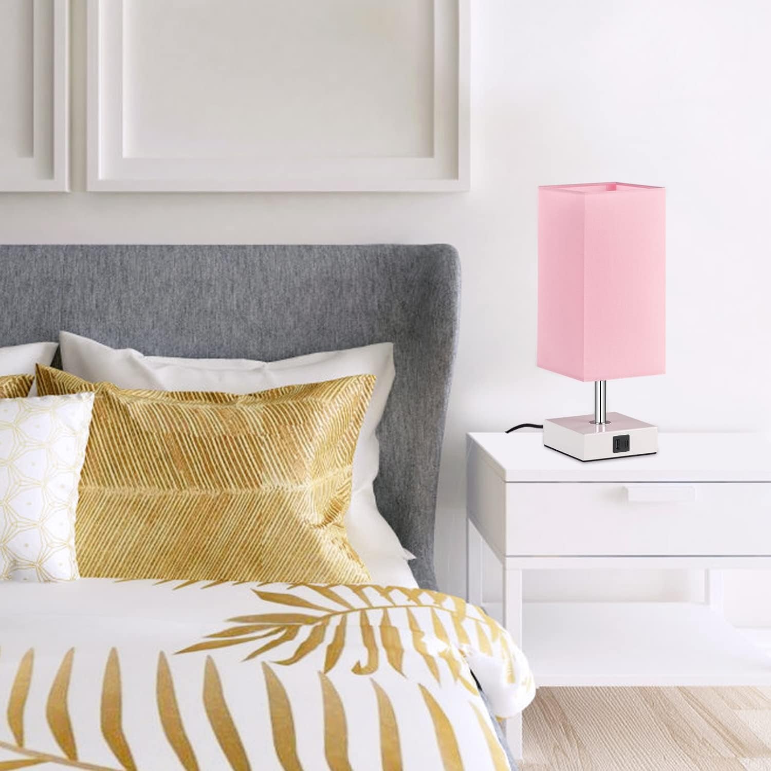 Pink Touch Table Lamp for Bedroom - Dimmable, USB C+A, Girls Bedside Lamp | 3-Way Dimmable, 3000K LED Bulb Included, Square Pink Shade White Base, Cute Room Decor for Teen Girls, Kids, Nightstand, Desk