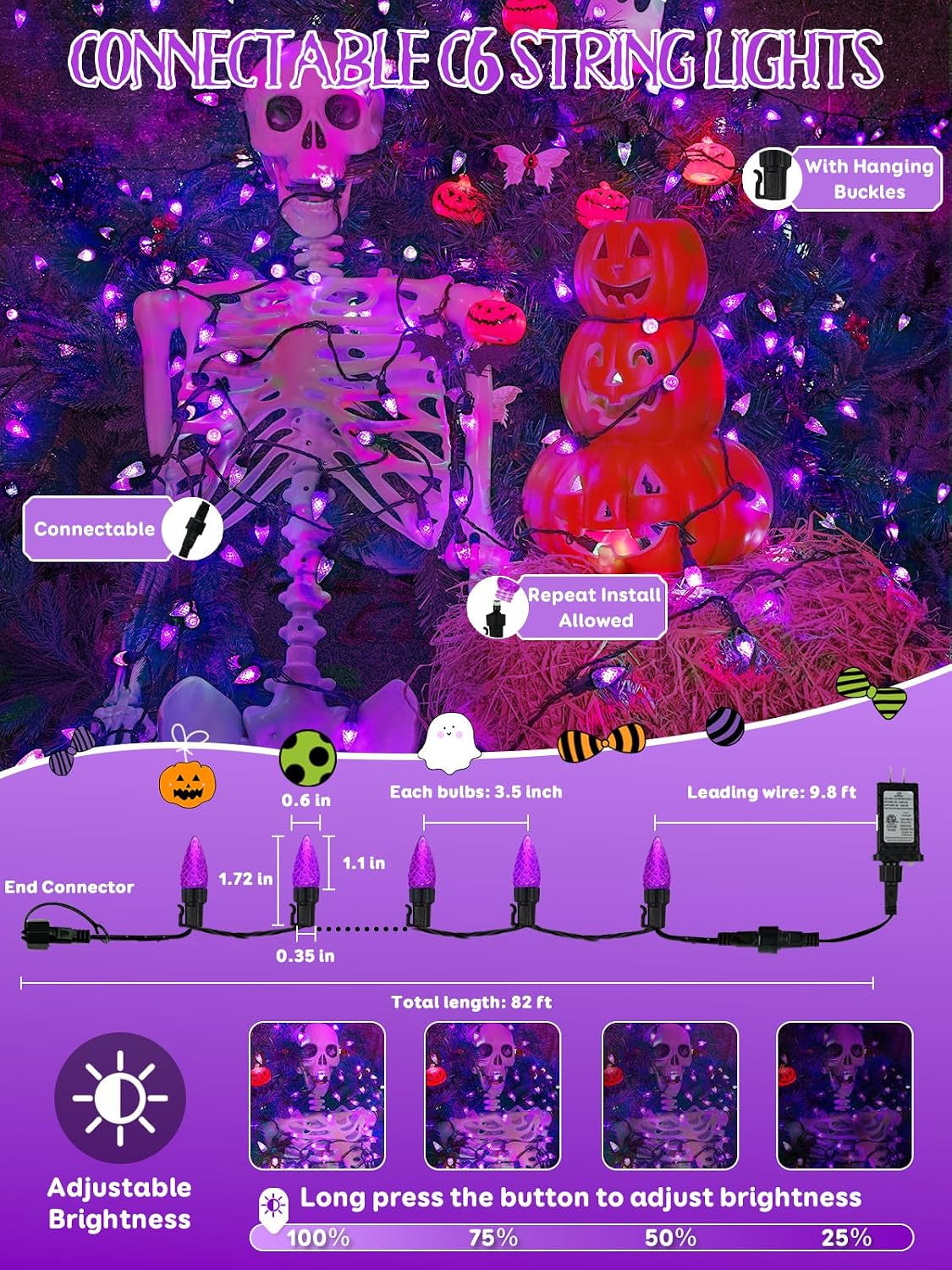 250 LED Linkable C6 Halloween Lights 82FT Purple Halloween Lights Outdoor | Waterproof Twinkle String Lights, Purple Fairy Lights Plug in with 13 Modes & Timer for Halloween Decorations Outdoor Indoor