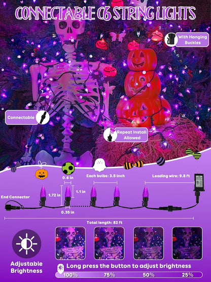 250 LED Linkable C6 Halloween Lights 82FT Purple Halloween Lights Outdoor | Waterproof Twinkle String Lights, Purple Fairy Lights Plug in with 13 Modes & Timer for Halloween Decorations Outdoor Indoor