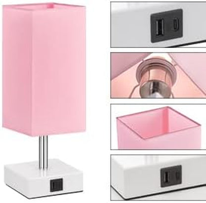 Pink Touch Table Lamp for Bedroom - Dimmable, USB C+A, Girls Bedside Lamp | 3-Way Dimmable, 3000K LED Bulb Included, Square Pink Shade White Base, Cute Room Decor for Teen Girls, Kids, Nightstand, Desk