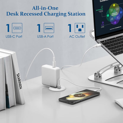 2 Inch Desk Power Grommet with PD 20W USB C,Ultra-Flat Plug Power Strip,Recessed Outlet,Desktop Power Grommet for Office PC Desk Cable Cord Cover,Table Outlets for Home, Office,6 Ft Cable(White) | White,Recessed Outlet,Desktop Power Grommet for Office PC Desk Cable Cord Cover,Table Outlets for Home,Office