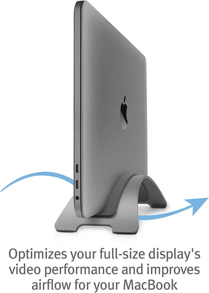 Bookarc for Macbook, Space-Saving Vertical Desktop Stand, Grey | Compact Laptop Stand for Comfortable Desktop Setup, Saves Space While Allowing Connection to Larger Display, Silicone Insert