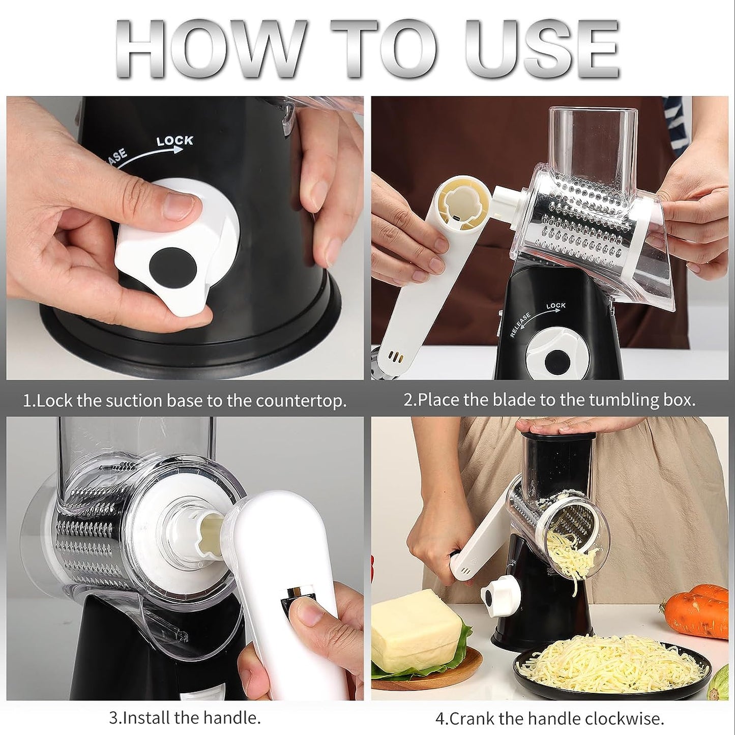 Rotary Cheese Grater Hand Crank Cheese Shredder, Black | for Fresh Cheese, Vegetable, Nuts,Non-Slip Suction Base, Three Blades