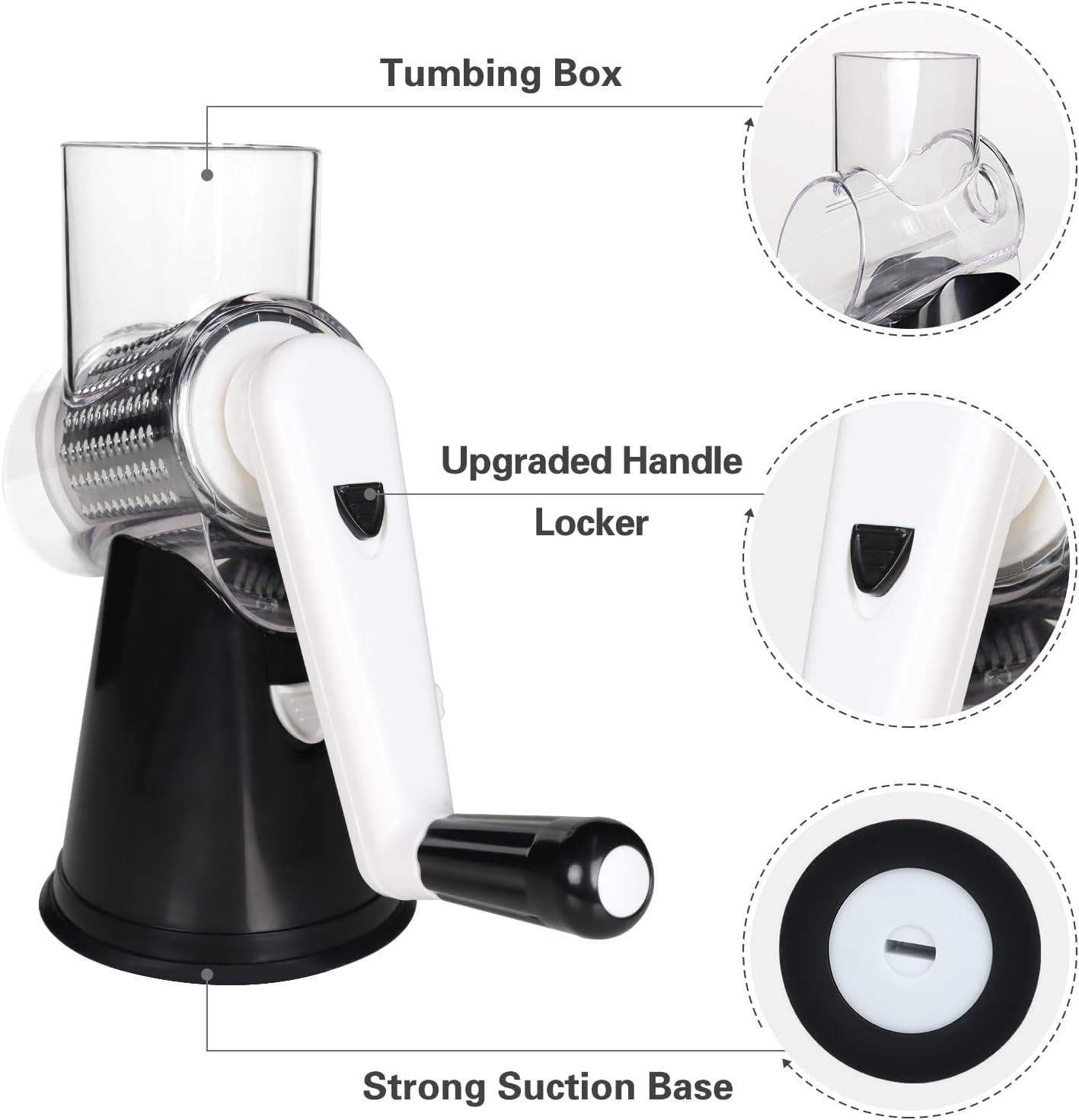 Rotary Cheese Grater Hand Crank Cheese Shredder, Black | for Fresh Cheese, Vegetable, Nuts,Non-Slip Suction Base, Three Blades