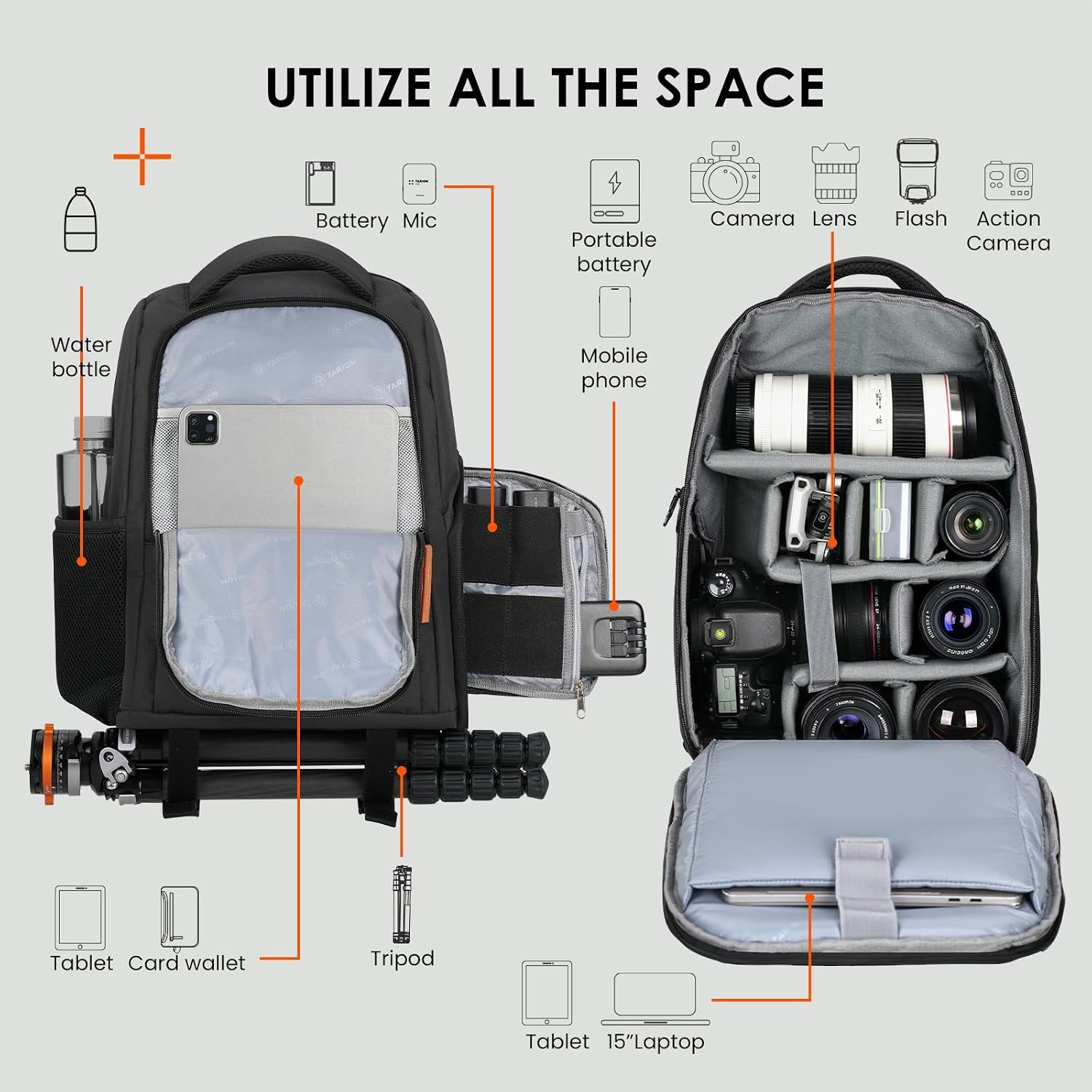 Camera Backpack for Photographers Compact 15L, TB04 Black | 15 Inch Laptop Compartment, Side Access Quick Draw, Anti-Theft Hidden Pocket, Tripod Holder, Rain Cover, Travel-Friendly