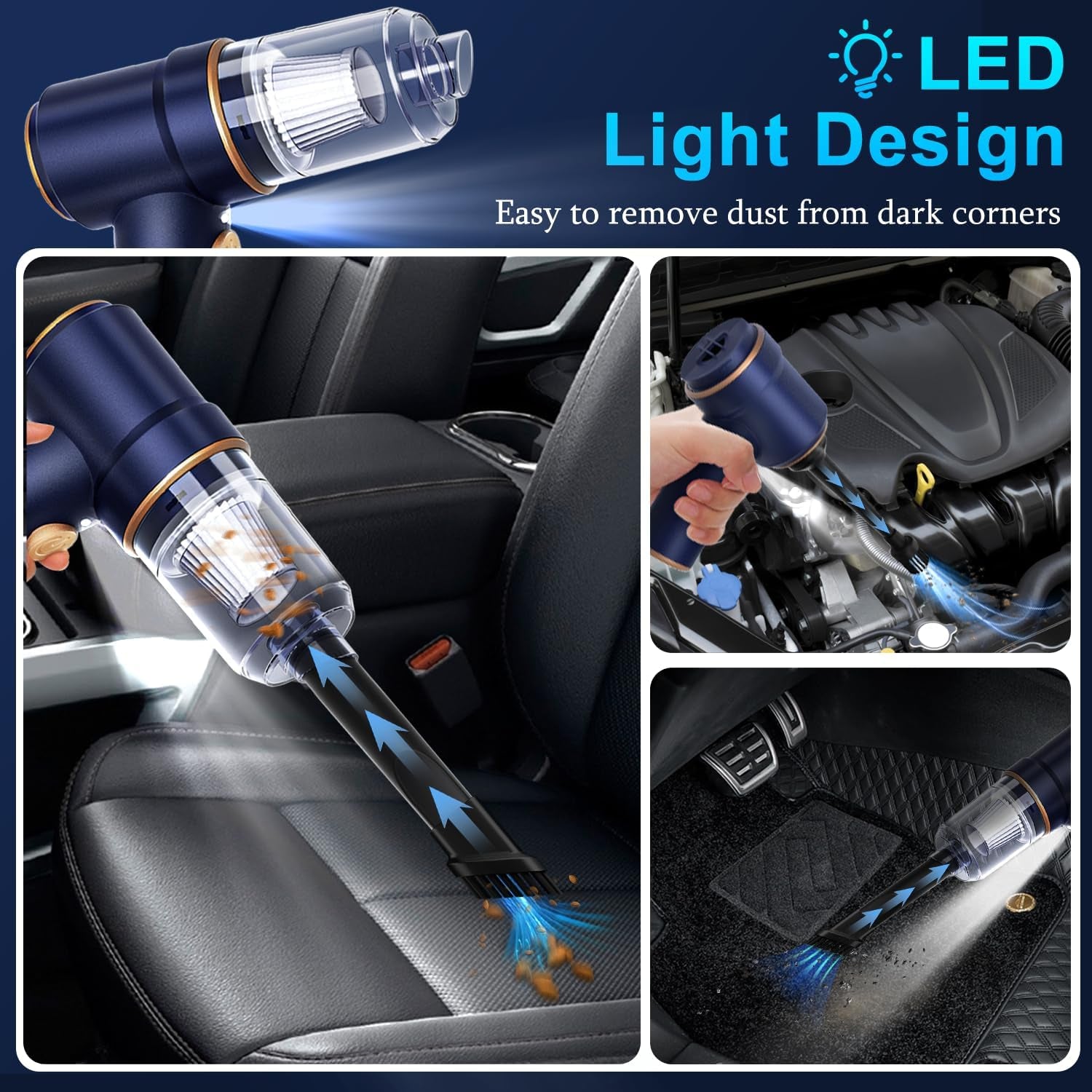Handheld Car Vacuum Cleaner, Hand Held Vacuum Cleaner and Air Duster | 9000PA Strong Suction, Cordless, 120W High Power, Multi-Nozzles & LED Light, for Home, Car, Office, Pet