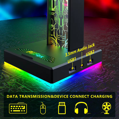 RGB Gaming Headphone Stand 10 Lighting Effects Headphone Stand Holder Rack USB Port 3.5Mm Audio Port Desktop Headset Bracket