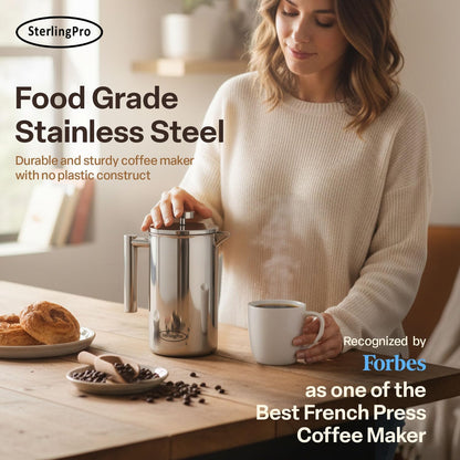 Extra Large Insulated Stainless Steel French Press Coffee Maker 59Oz – Insulated Metal XL Double Wall Coffee Maker | Plastic Free | Cool-Touch | Mirror Finish | Makes up to 16 Cups /8 Mugs