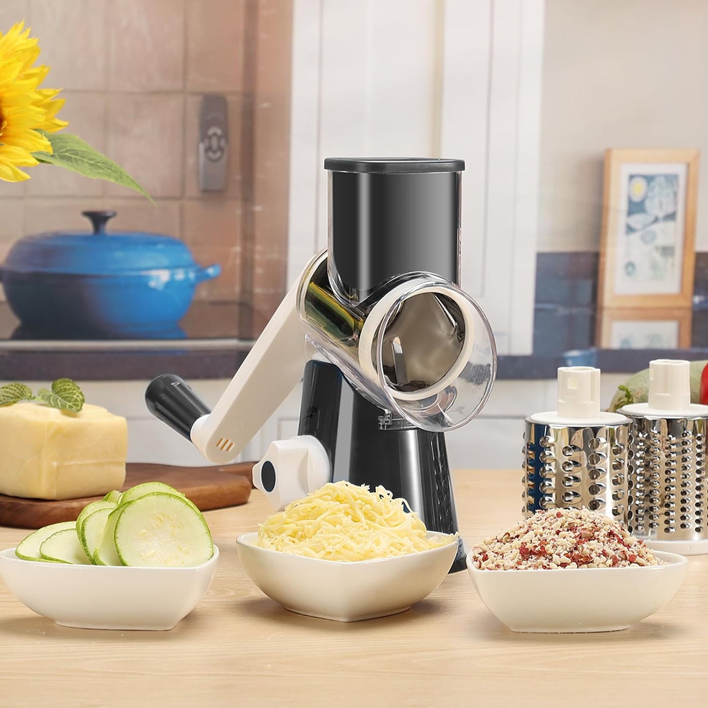 Rotary Cheese Grater Hand Crank Cheese Shredder, Black | for Fresh Cheese, Vegetable, Nuts,Non-Slip Suction Base, Three Blades