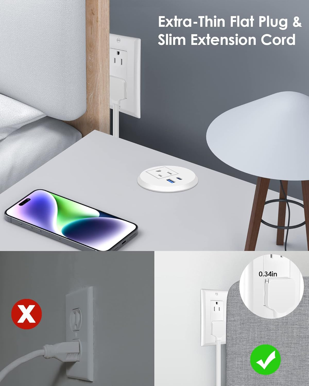 2 Inch Desk Power Grommet with PD 20W USB C,Ultra-Flat Plug Power Strip,Recessed Outlet,Desktop Power Grommet for Office PC Desk Cable Cord Cover,Table Outlets for Home, Office,6 Ft Cable(White) | White,Recessed Outlet,Desktop Power Grommet for Office PC Desk Cable Cord Cover,Table Outlets for Home,Office