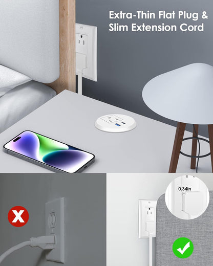 2 Inch Desk Power Grommet with PD 20W USB C,Ultra-Flat Plug Power Strip,Recessed Outlet,Desktop Power Grommet for Office PC Desk Cable Cord Cover,Table Outlets for Home, Office,6 Ft Cable(White) | White,Recessed Outlet,Desktop Power Grommet for Office PC Desk Cable Cord Cover,Table Outlets for Home,Office