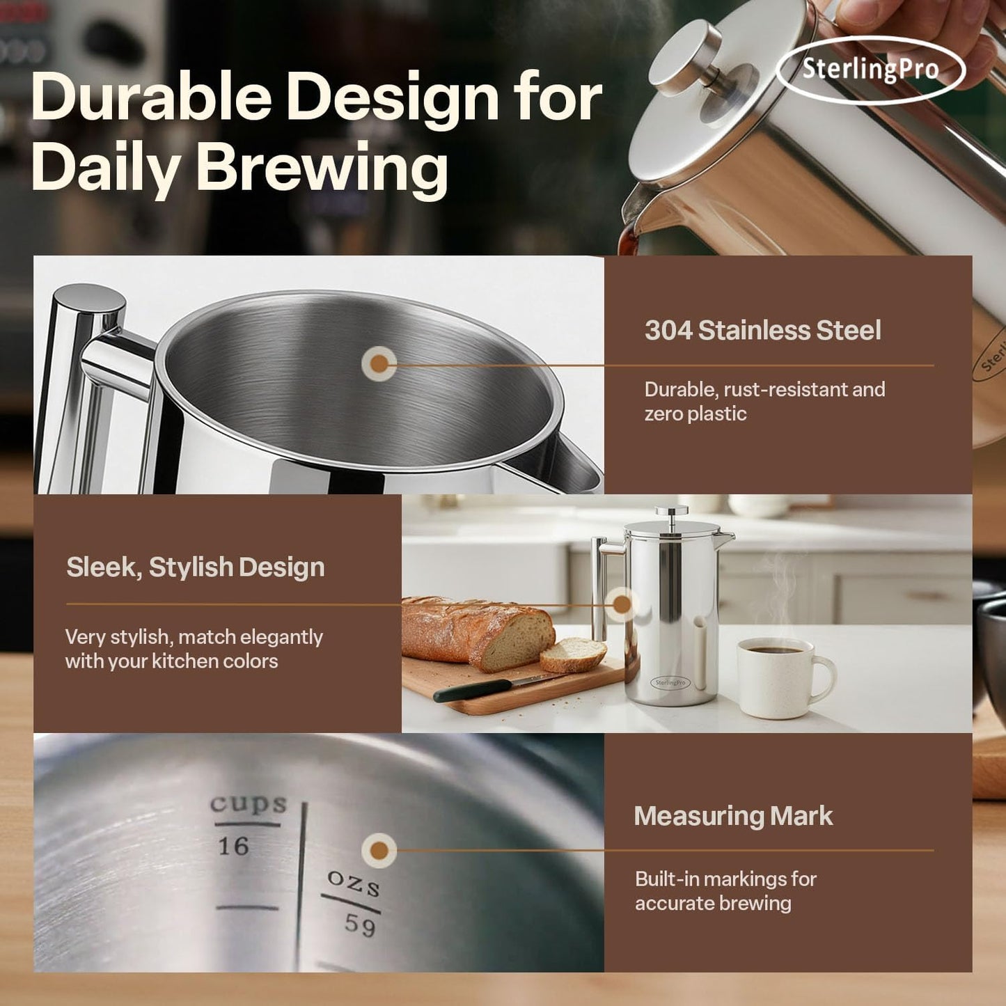 Extra Large Insulated Stainless Steel French Press Coffee Maker 59Oz – Insulated Metal XL Double Wall Coffee Maker | Plastic Free | Cool-Touch | Mirror Finish | Makes up to 16 Cups /8 Mugs