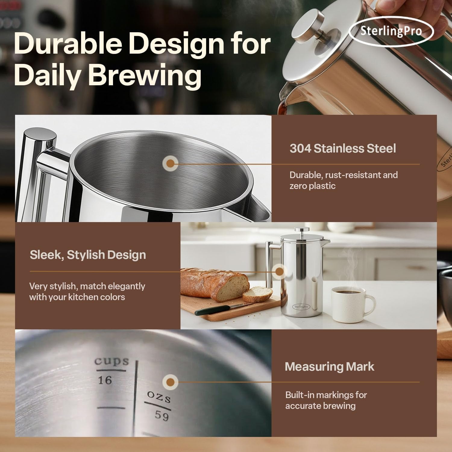Extra Large Insulated Stainless Steel French Press Coffee Maker 59Oz – Insulated Metal XL Double Wall Coffee Maker | Plastic Free | Cool-Touch | Mirror Finish | Makes up to 16 Cups /8 Mugs