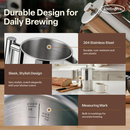 Extra Large Insulated Stainless Steel French Press Coffee Maker 59Oz – Insulated Metal XL Double Wall Coffee Maker | Plastic Free | Cool-Touch | Mirror Finish | Makes up to 16 Cups /8 Mugs