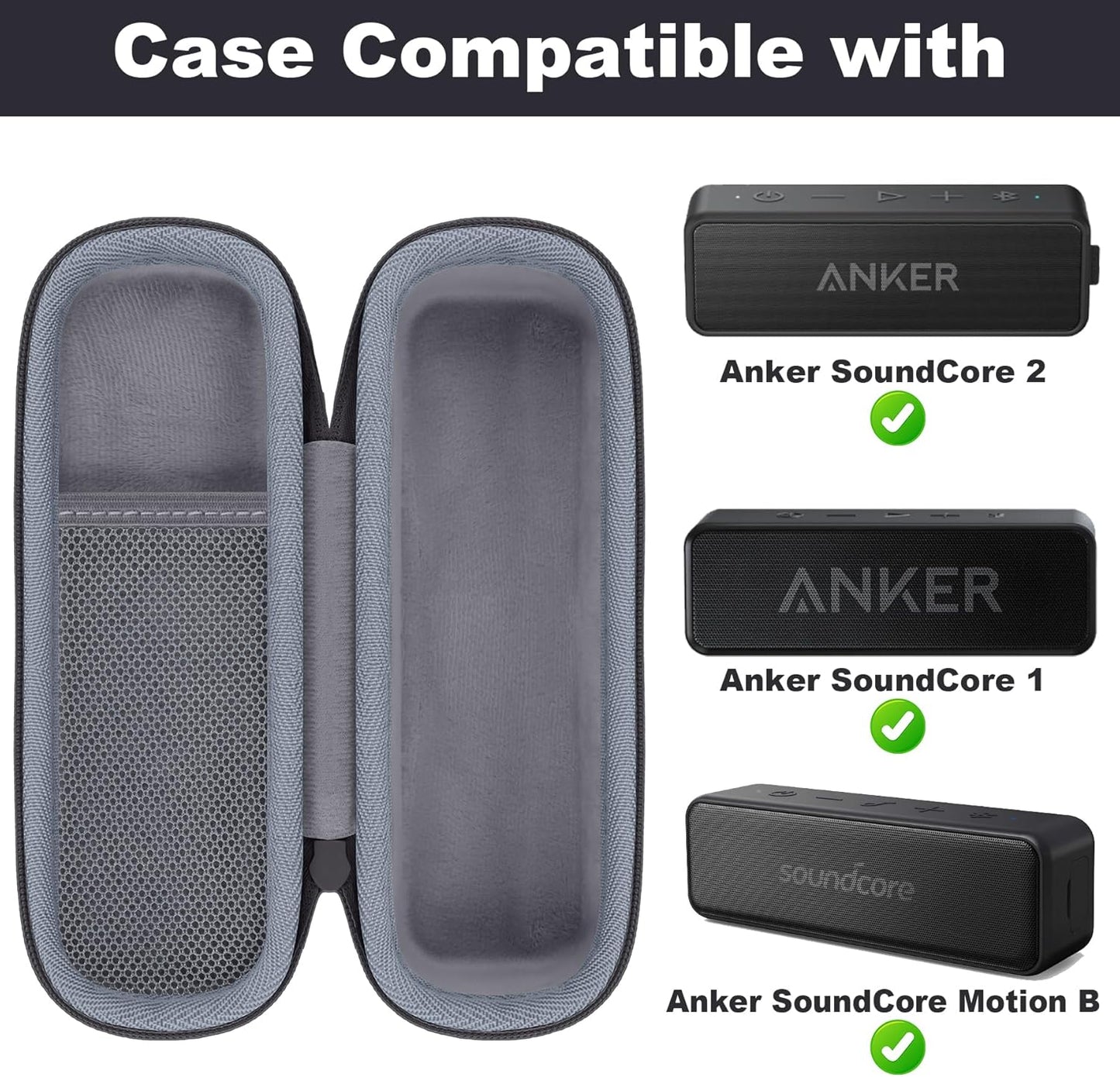 Hard Case for Anker Soundcore/2/Motion B Outdoor Speaker, Black | Space for Charging Cable, Soft Lining, Durable Zippered Shell, Mesh Pocket, Hard Protective Bag