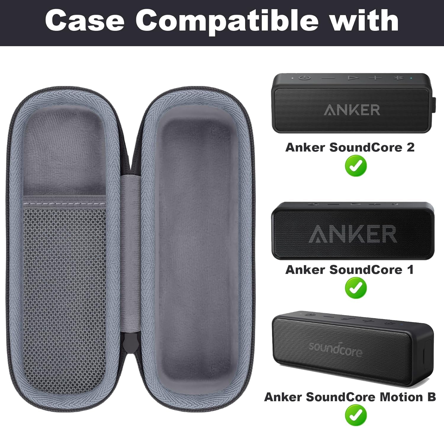 Hard Case for Anker Soundcore/2/Motion B Outdoor Speaker, Black | Space for Charging Cable, Soft Lining, Durable Zippered Shell, Mesh Pocket, Hard Protective Bag