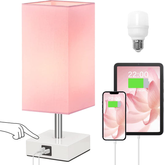 Pink Touch Table Lamp for Bedroom - Dimmable, USB C+A, Girls Bedside Lamp | 3-Way Dimmable, 3000K LED Bulb Included, Square Pink Shade White Base, Cute Room Decor for Teen Girls, Kids, Nightstand, Desk