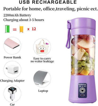 Portable Blender, Electric USB Mini Juicer Blender for Shakes and Smoothies | Six Blades Great for Mixing, Lightweight, 380Ml Travel Blender Cup for Kitchen, Office, Outdoor, Gym or Sports, Purple