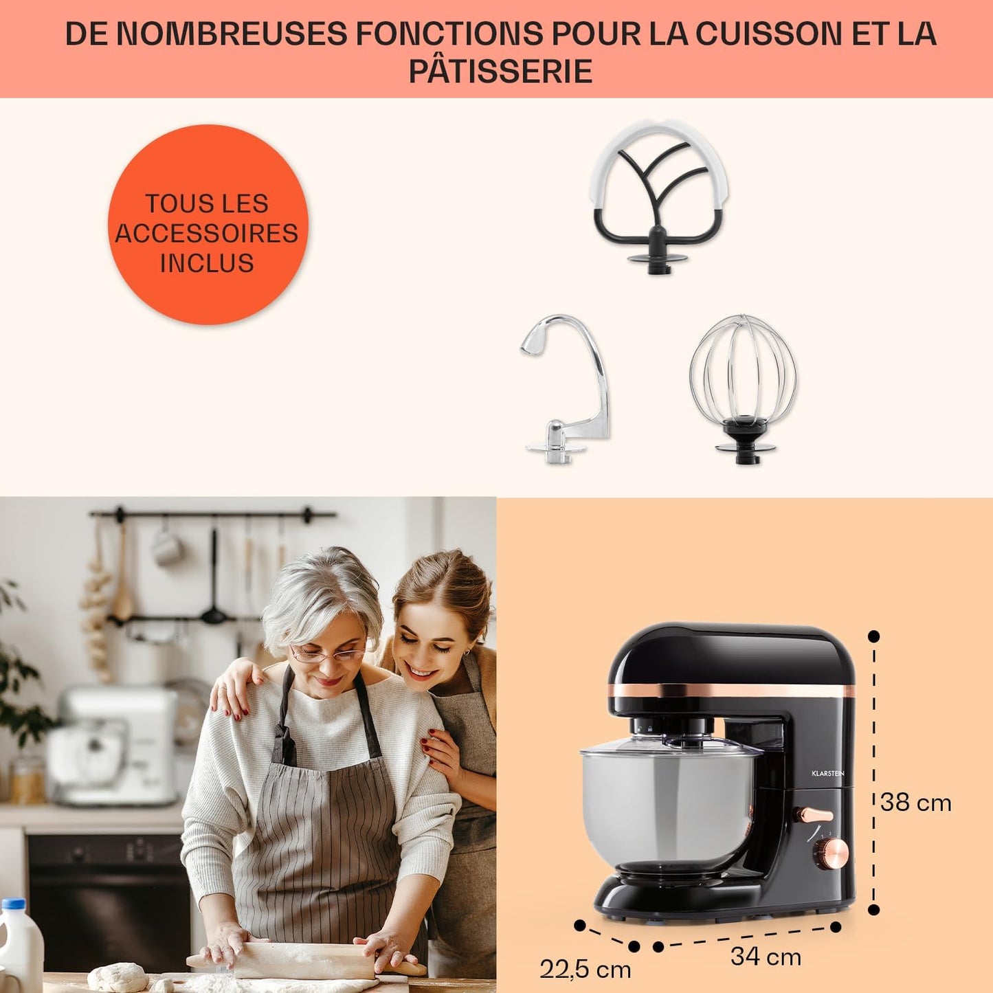 Bella Elegance Electric Stand Mixer, Grinder, Meat Mixer, Food Mixer, Dough Blender, Beater, 1.3-Gallon Stainless Steel Bowl, Easy Cleaning, 650W, 6 Speed Levels