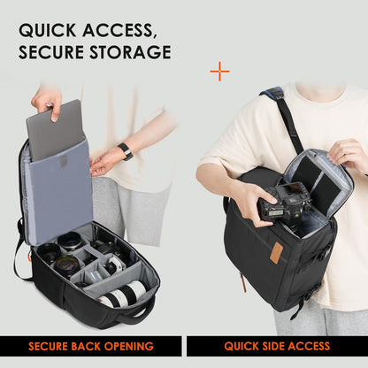 Camera Backpack for Photographers Compact 15L, TB04 Black | 15 Inch Laptop Compartment, Side Access Quick Draw, Anti-Theft Hidden Pocket, Tripod Holder, Rain Cover, Travel-Friendly