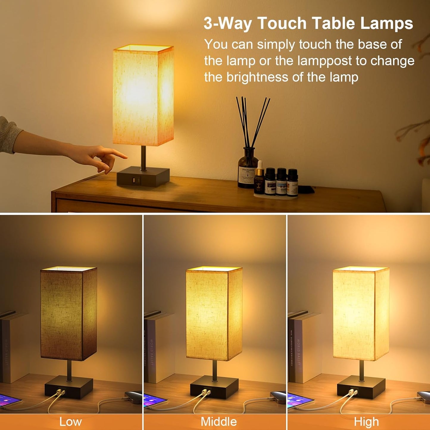 Bedside Table Lamp Touch Control with USB A+ C Nightstand Lamps | Small Lamp for Bedroom, 3 Way Dimmable for Home Living Room, LED Bulb Included, Upgraded Fabric Shade