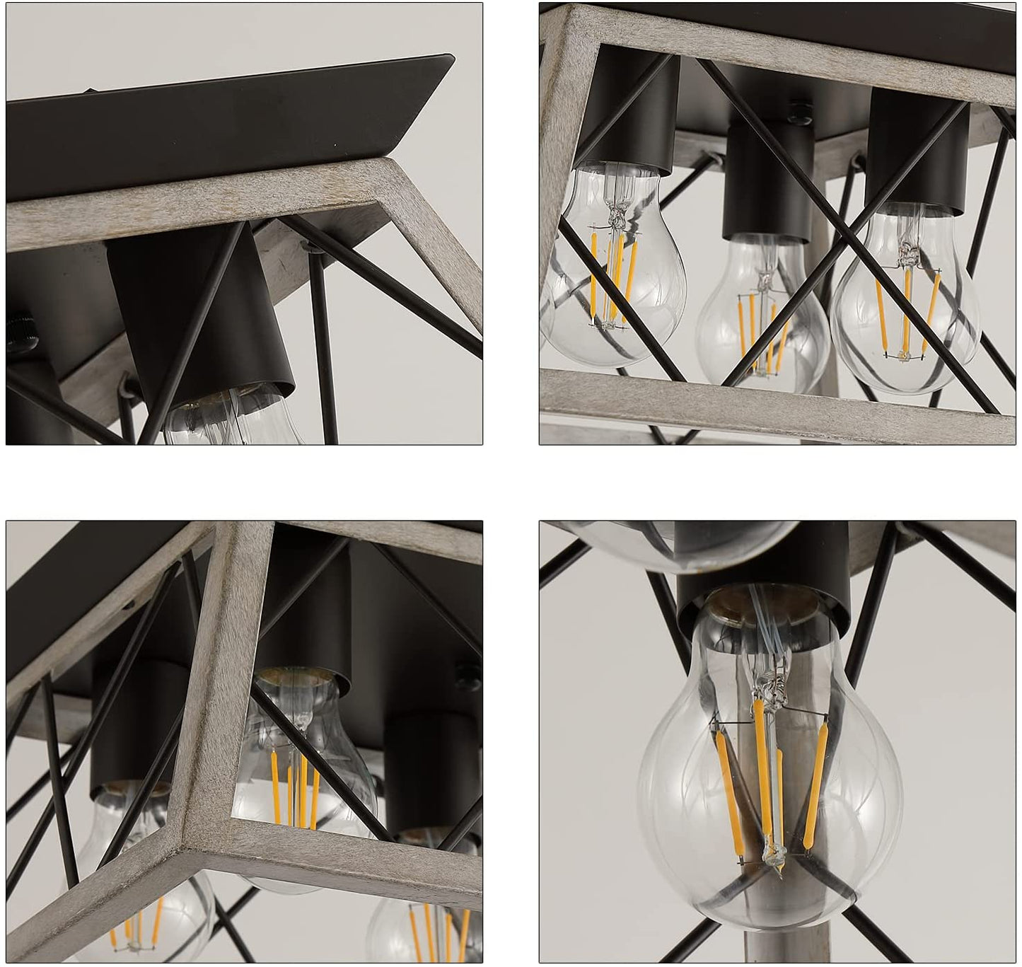 Vintage Farmhouse Flush Mount Ceiling Light Fixture, 4-Light Oak White Semi-Flush Mount Lamp, Rustic Industrial Square Cage Ceiling Light for Dining Room Bedroom Entryway Hallway Kitchen