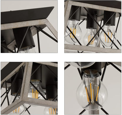Vintage Farmhouse Flush Mount Ceiling Light Fixture, 4-Light Oak White Semi-Flush Mount Lamp, Rustic Industrial Square Cage Ceiling Light for Dining Room Bedroom Entryway Hallway Kitchen