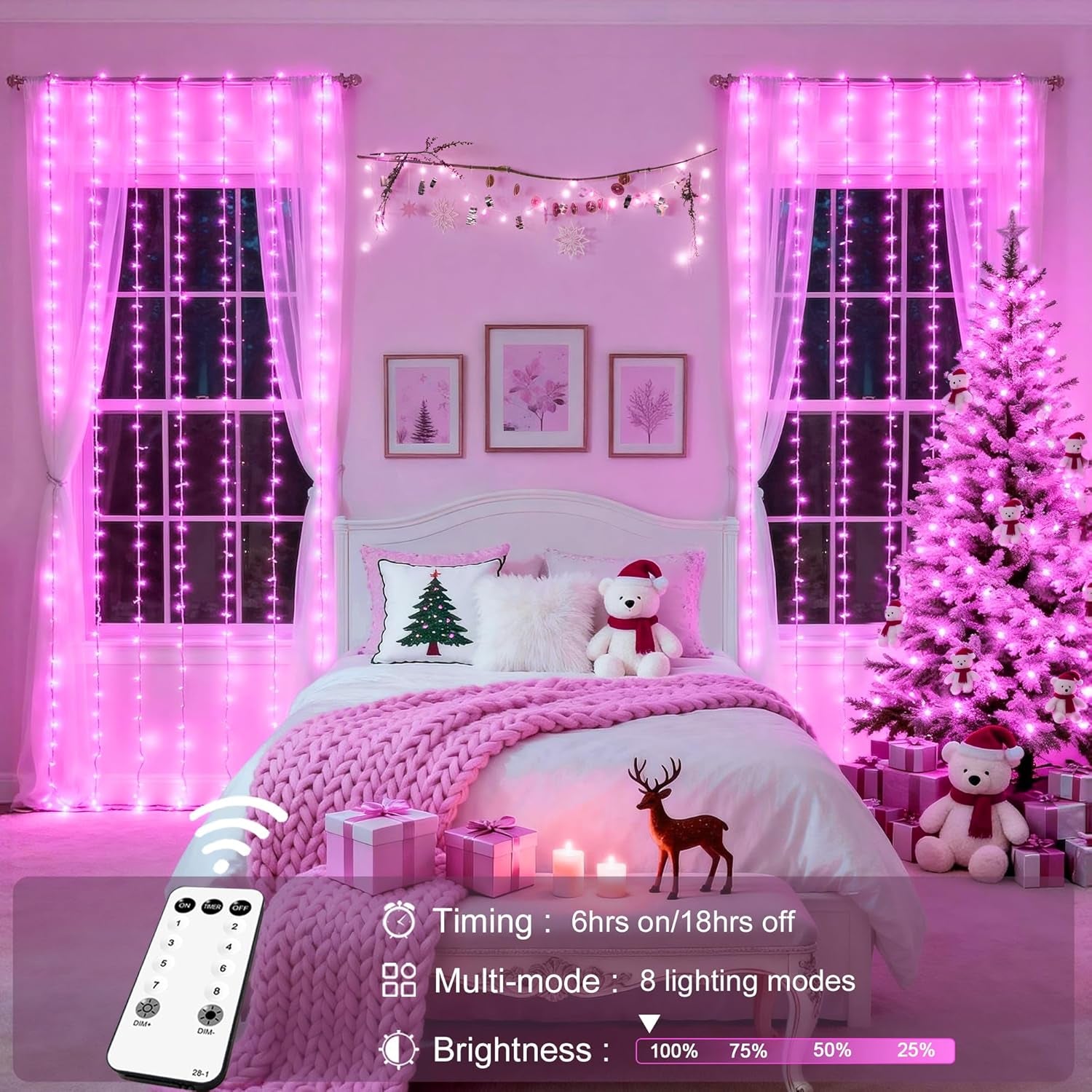300 LED Curtain Lights, Pink String Lights for Bedroom, 9.8X9.8 Ft | Plug in Hanging Lights with Remote, for Dorm, Window, Wall, Birthday Party, Girls' Room, Valentine'S Day Indoor Outdoor Decor