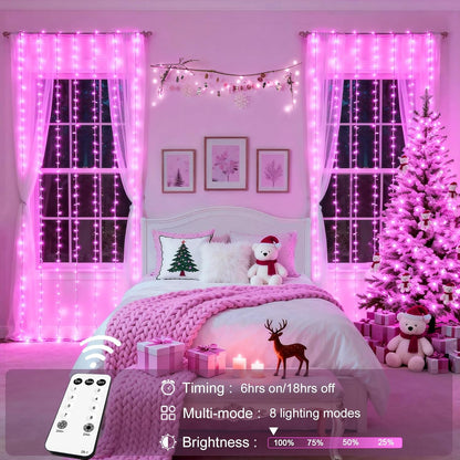 300 LED Curtain Lights, Pink String Lights for Bedroom, 9.8X9.8 Ft | Plug in Hanging Lights with Remote, for Dorm, Window, Wall, Birthday Party, Girls' Room, Valentine'S Day Indoor Outdoor Decor