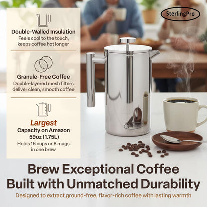 Extra Large Insulated Stainless Steel French Press Coffee Maker 59Oz – Insulated Metal XL Double Wall Coffee Maker | Plastic Free | Cool-Touch | Mirror Finish | Makes up to 16 Cups /8 Mugs