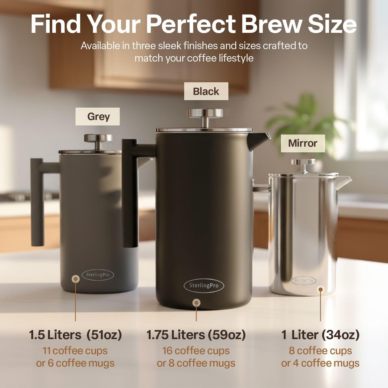 Extra Large Insulated Stainless Steel French Press Coffee Maker 59Oz – Insulated Metal XL Double Wall Coffee Maker | Plastic Free | Cool-Touch | Mirror Finish | Makes up to 16 Cups /8 Mugs