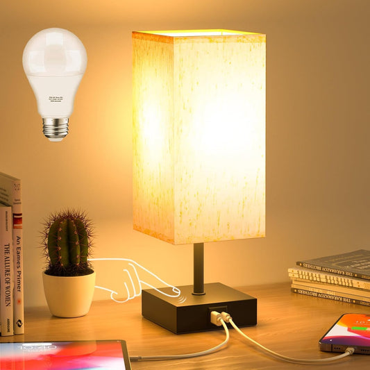 Bedside Table Lamp Touch Control with USB A+ C Nightstand Lamps | Small Lamp for Bedroom, 3 Way Dimmable for Home Living Room, LED Bulb Included, Upgraded Fabric Shade